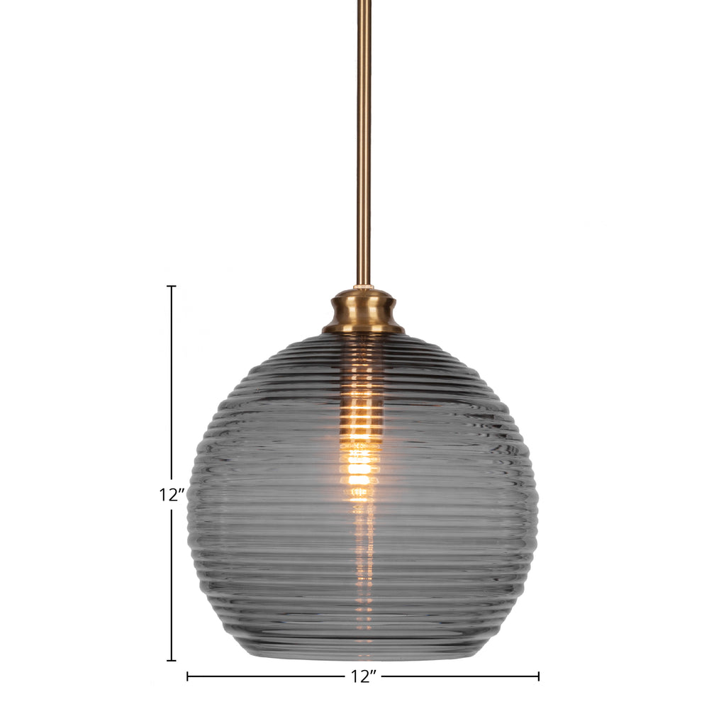 Malena One Light Pendant in New Age Brass with 12" Smoke Ribbed Shade
