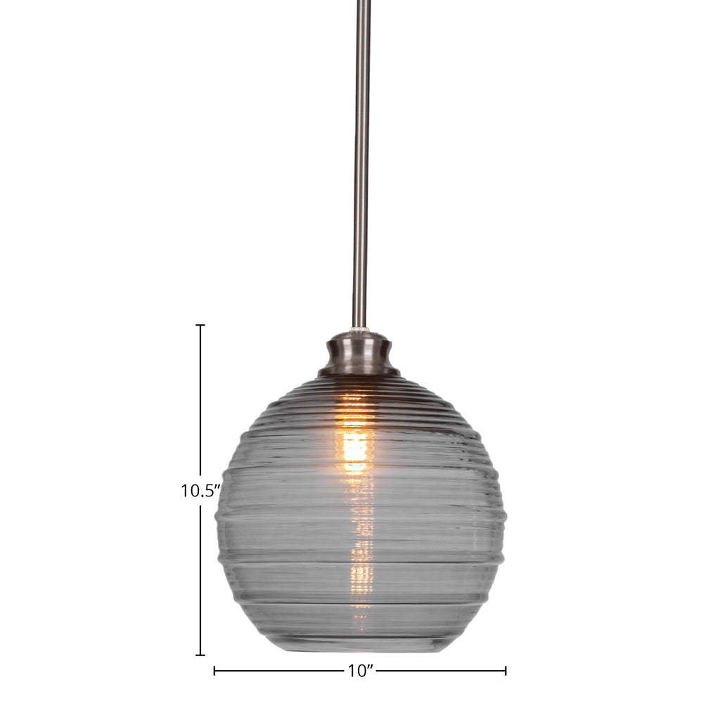 Malena One Light Pendant in Brushed Nickel with 10" Smoke Ribbed Shade