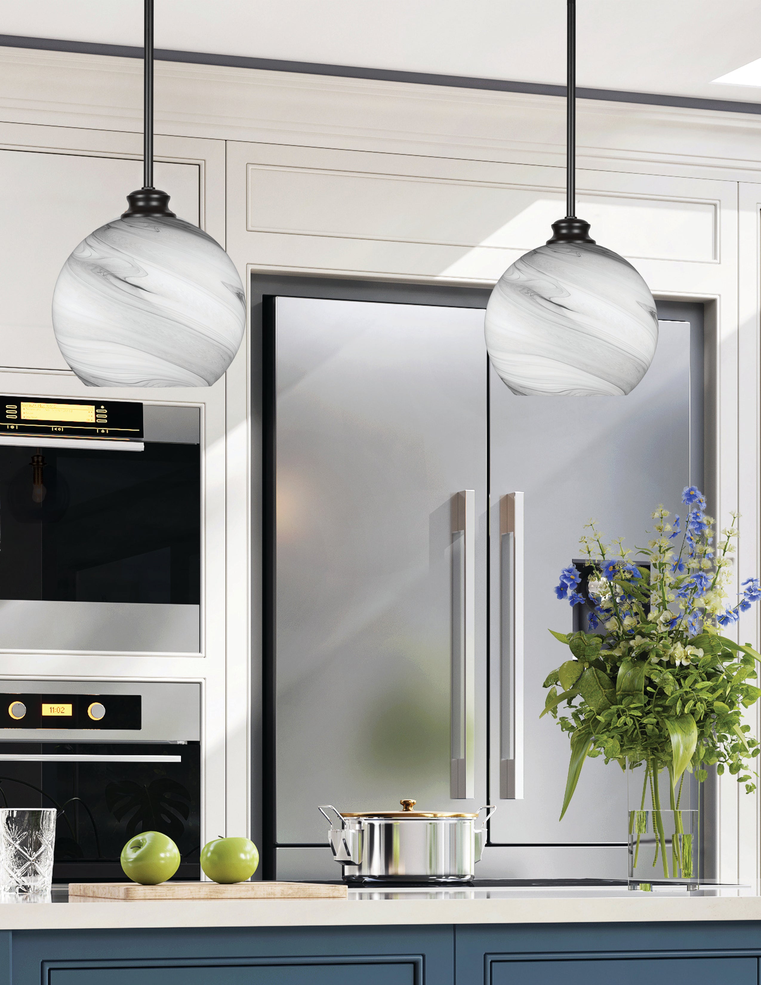 Kimbro One Light Pendant in Matte Black with 9.5" Onyx Swirl Shade
