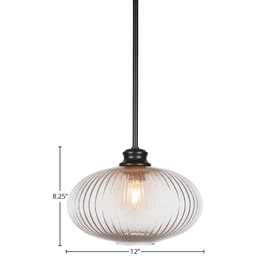 Carina One Light Pendant in Matte Black with 12" Micro Bubble Ribbed Shade