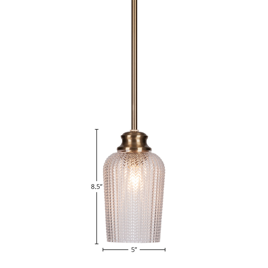 Cordova One Light Pendant in New Age Brass with 5" Clear Textured Shade