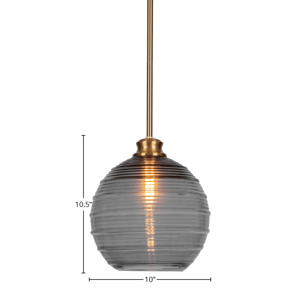 Malena One Light Pendant in New Age Brass with 10" Smoke Ribbed Shade