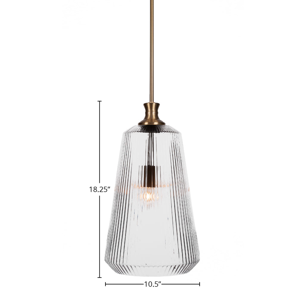 Carina One Light Pendant in New Age Brass with 11" Clear Ribbed Shade