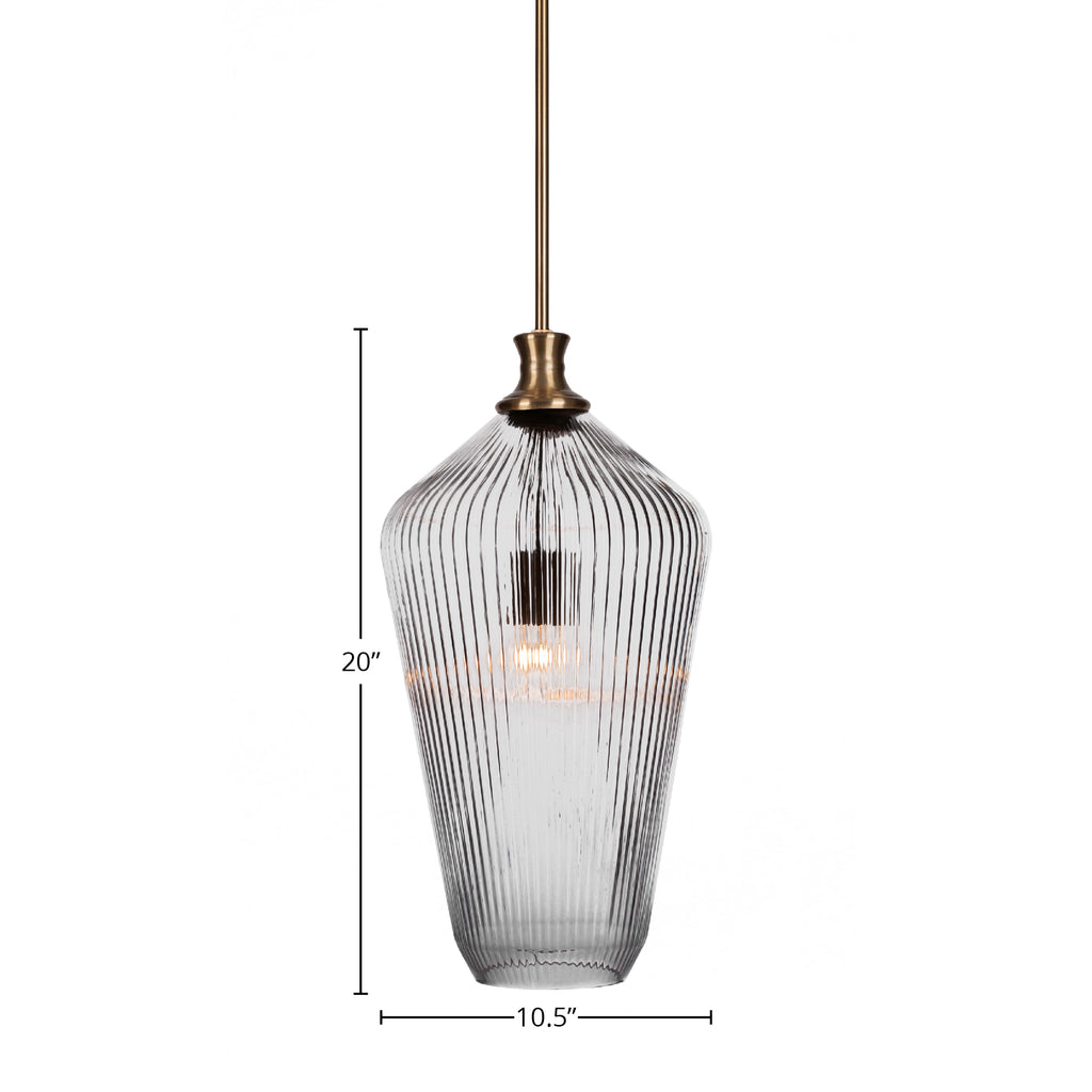 Carina One Light Pendant in New Age Brass with 11" Clear Ribbed Shade