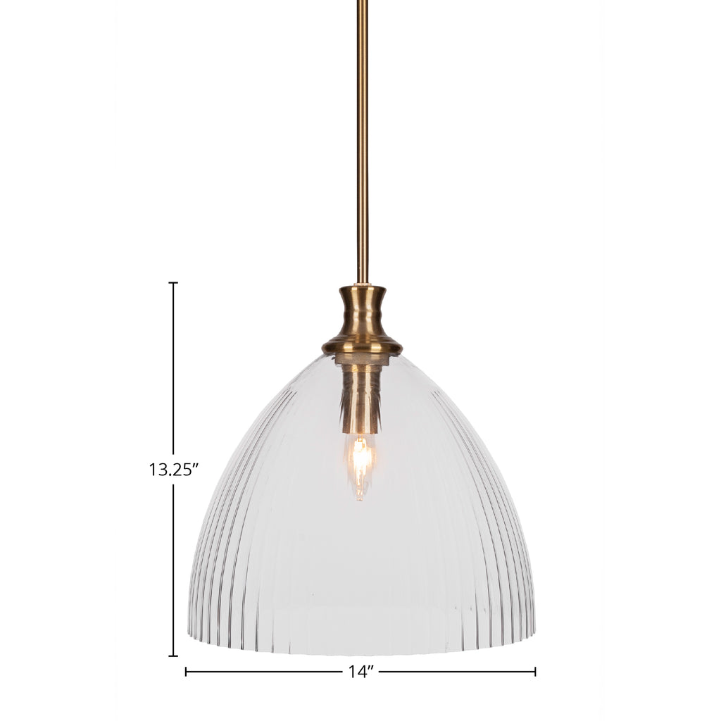 Carina One Light Pendant in New Age Brass with 14" Clear Ribbed Shade