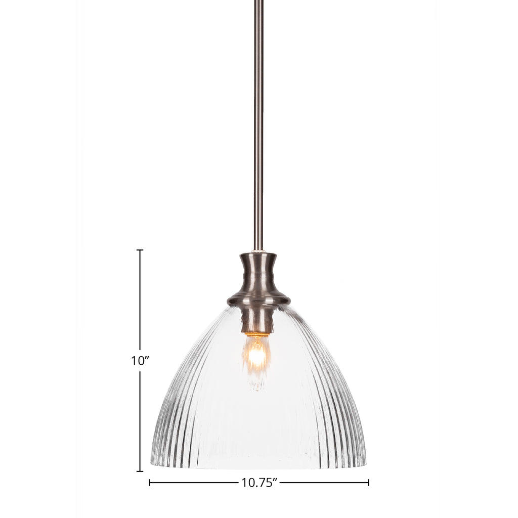 Carina One Light Pendant in Brushed Nickel with 10.75" Clear Ribbed Shade