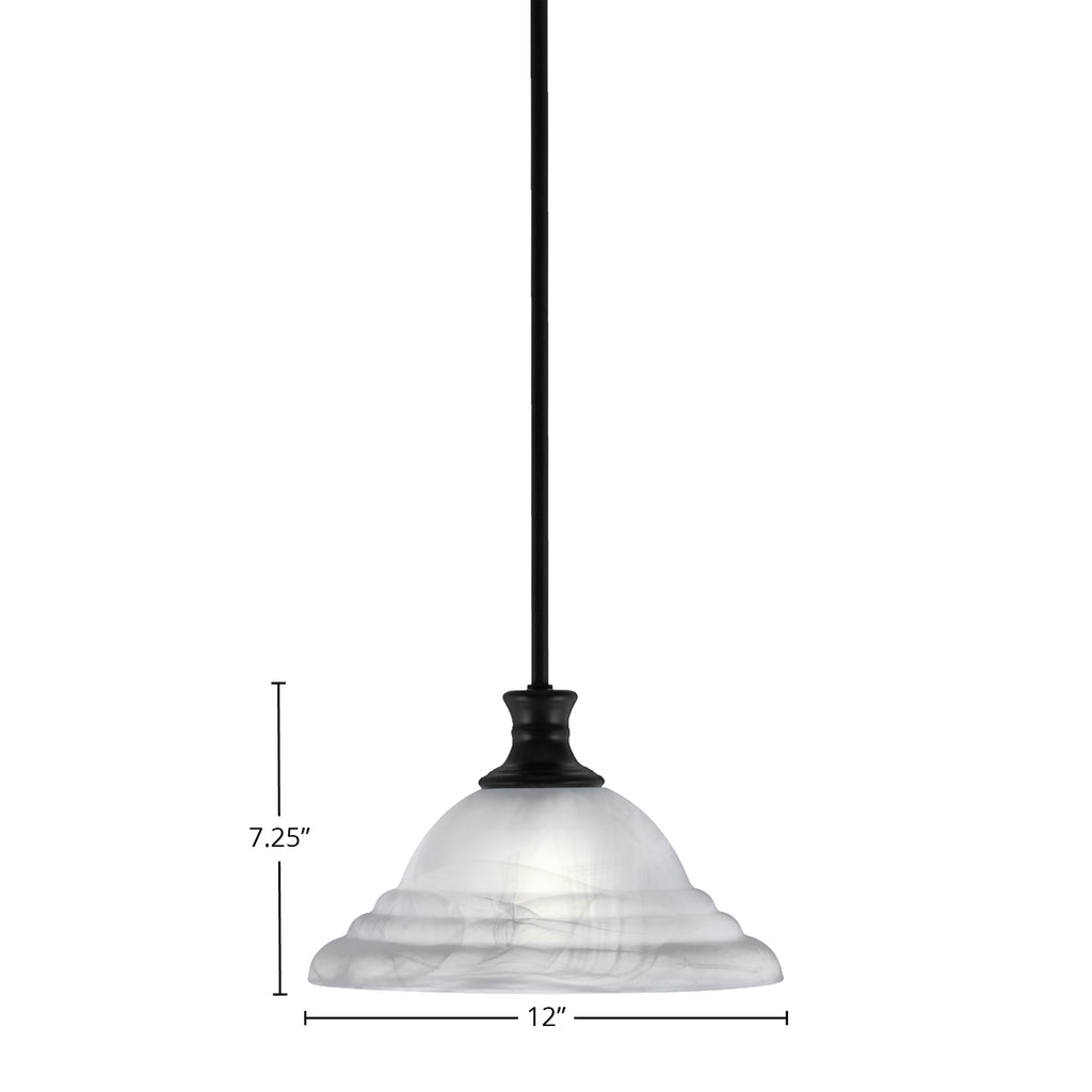 Stem One Light Pendant in Matte Black with 12" White Alabaster Swirl Shade