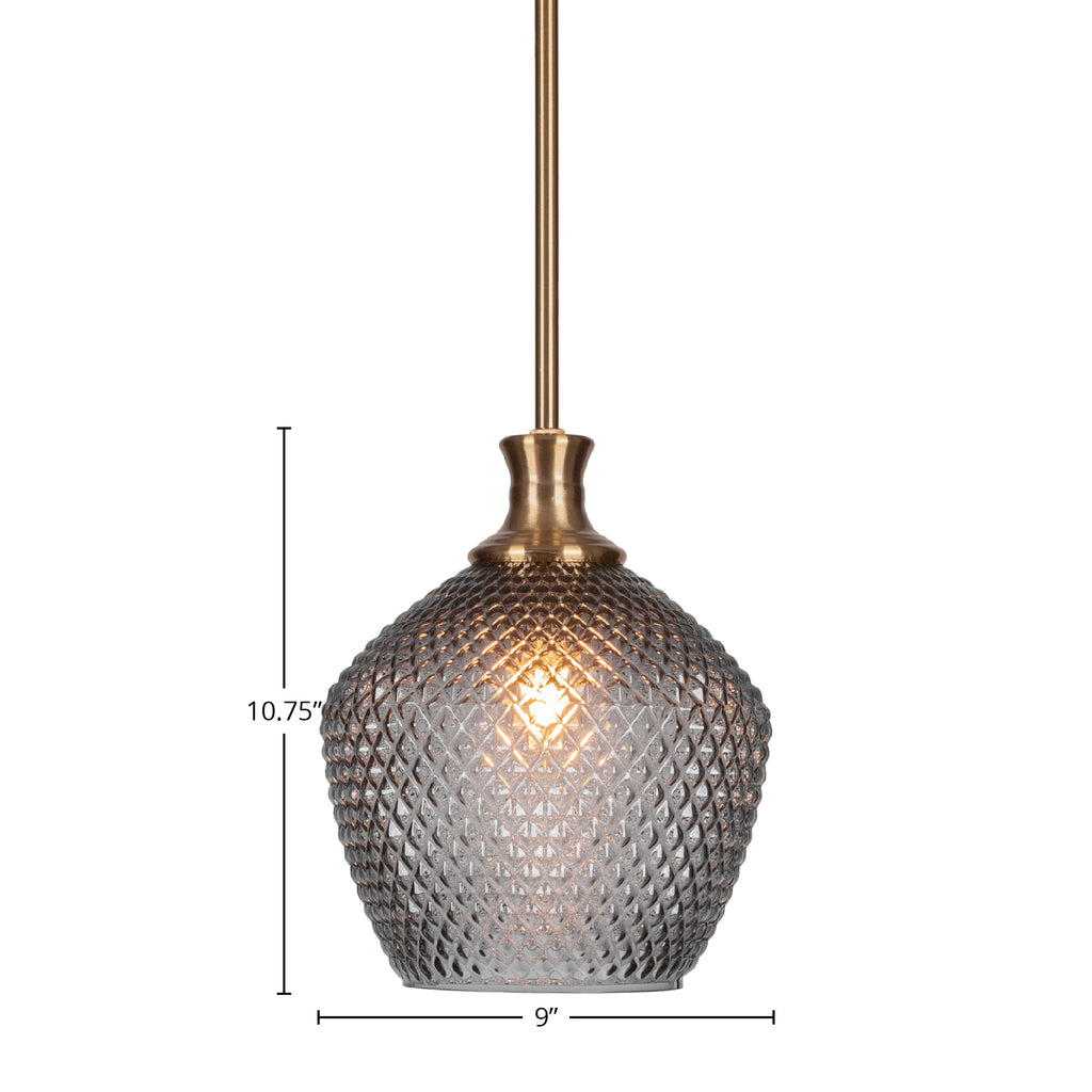 Zola One Light Pendant in New Age Brass with 9" Smoke Textured Shade