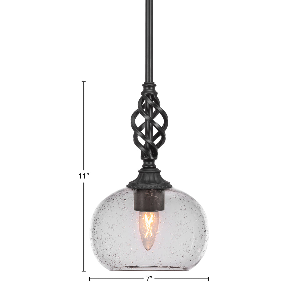 Eleganté One Light Mini Pendant in Matte Black with 7" Clear Bubble Shade