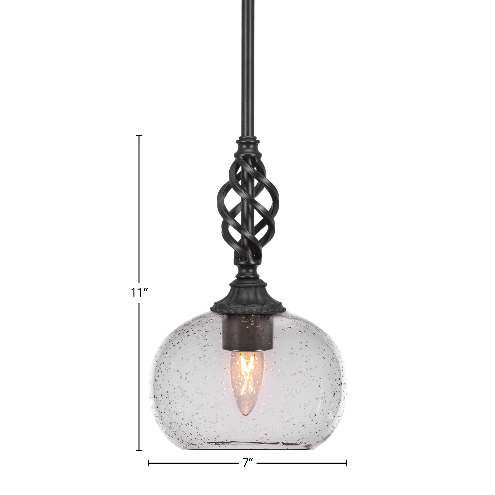 Eleganté One Light Mini Pendant in Matte Black with 7" Clear Bubble Shade