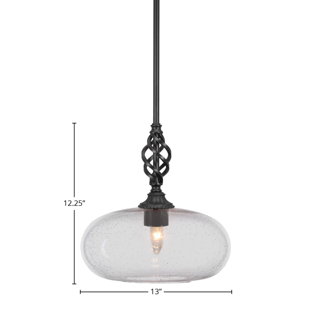 Eleganté One Light Mini Pendant in Matte Black with 13" Clear Bubble Shade