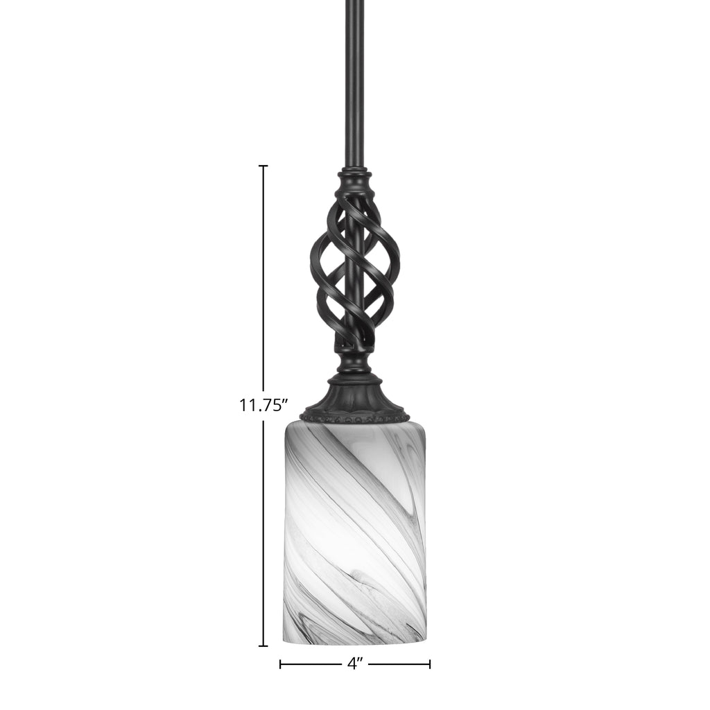 Eleganté One Light Mini Pendant in Matte Black with 4" Onyx Swirl Shade