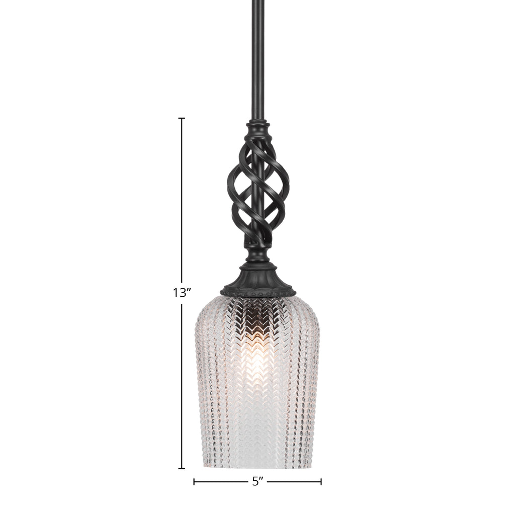 Eleganté One Light Mini Pendant in Matte Black with 5" Clear Textured Shade