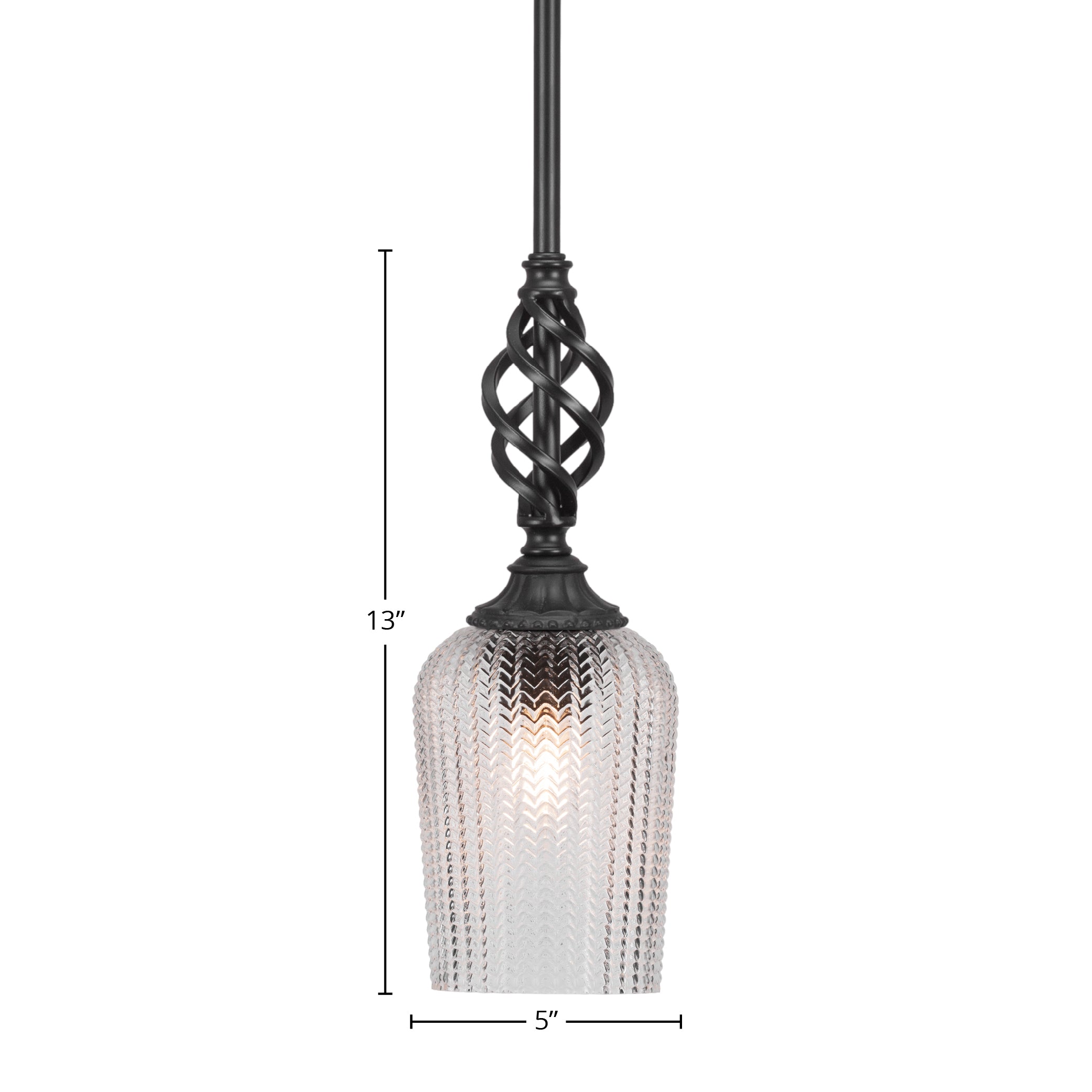 Eleganté One Light Mini Pendant in Matte Black with 5" Clear Textured Shade