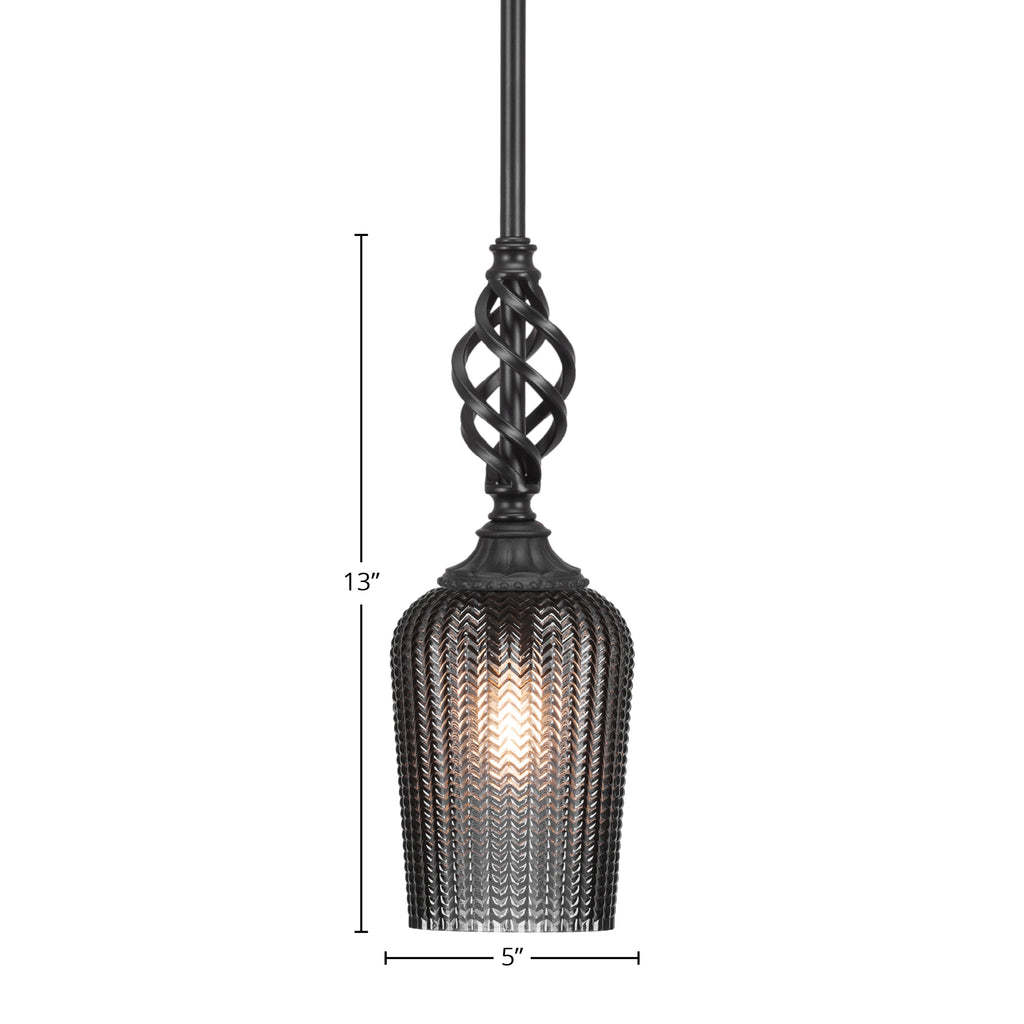 Eleganté One Light Mini Pendant in Matte Black with 5" Smoke Textured Shade