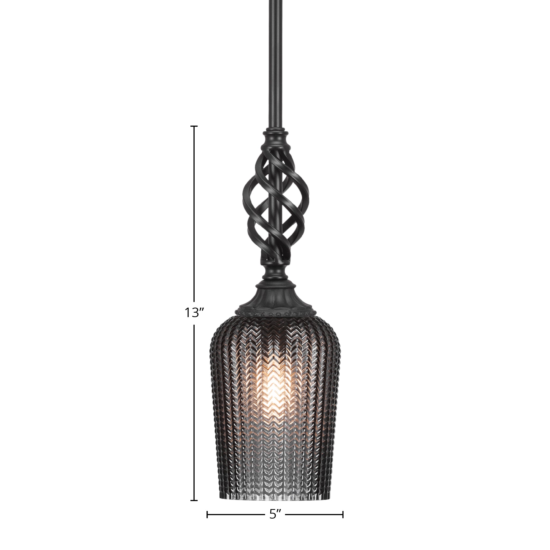 Eleganté One Light Mini Pendant in Matte Black with 5" Smoke Textured Shade