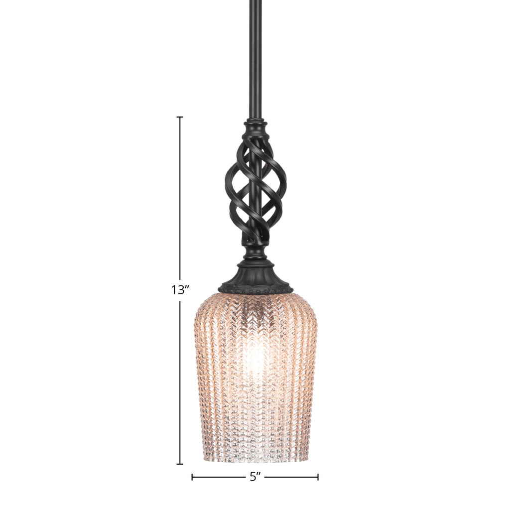 Eleganté One Light Mini Pendant in Matte Black with 5" Silver Textured Shade