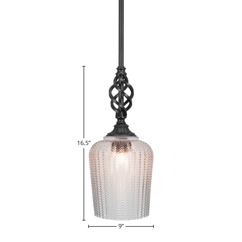 Eleganté One Light Mini Pendant in Matte Black with 9" Clear Textured Shade