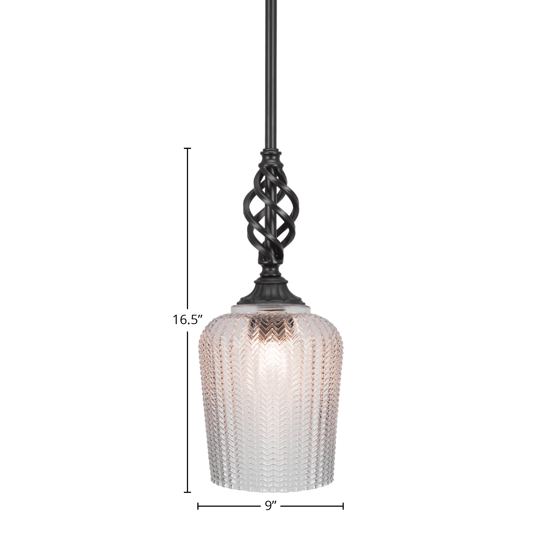 Eleganté One Light Mini Pendant in Matte Black with 9" Clear Textured Shade
