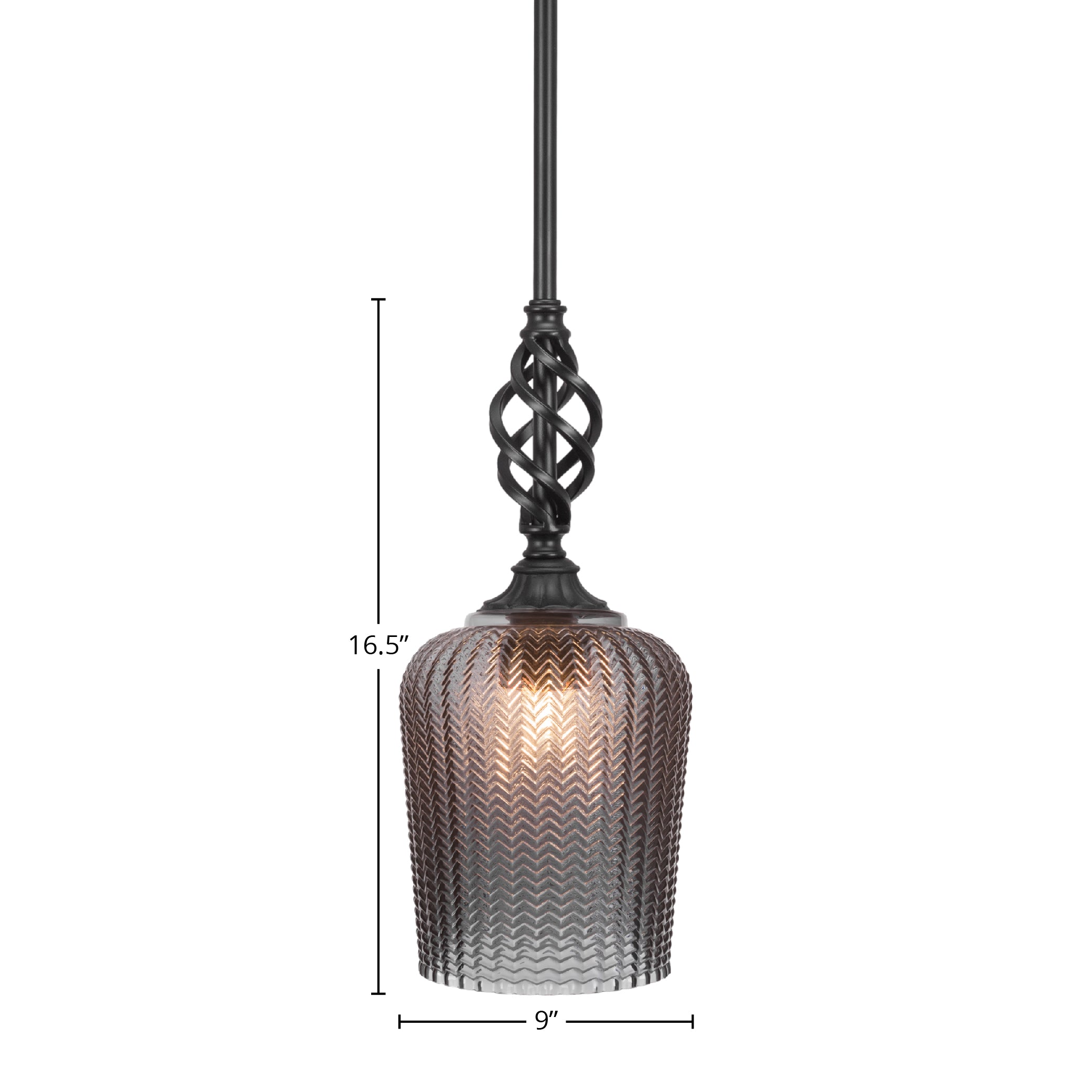 Eleganté One Light Mini Pendant in Matte Black with 9" Smoke Textured Shade
