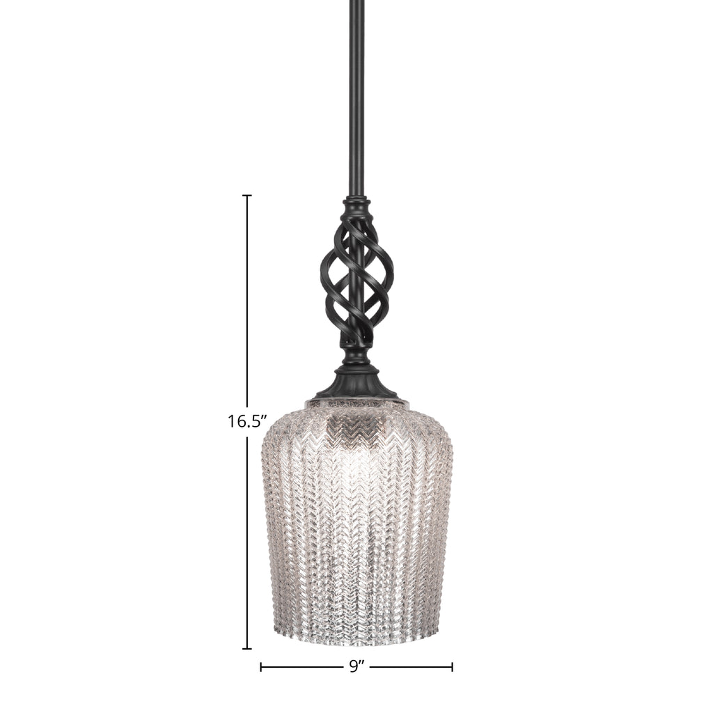 Eleganté One Light Mini Pendant in Matte Black with 9" Silver Textured Shade