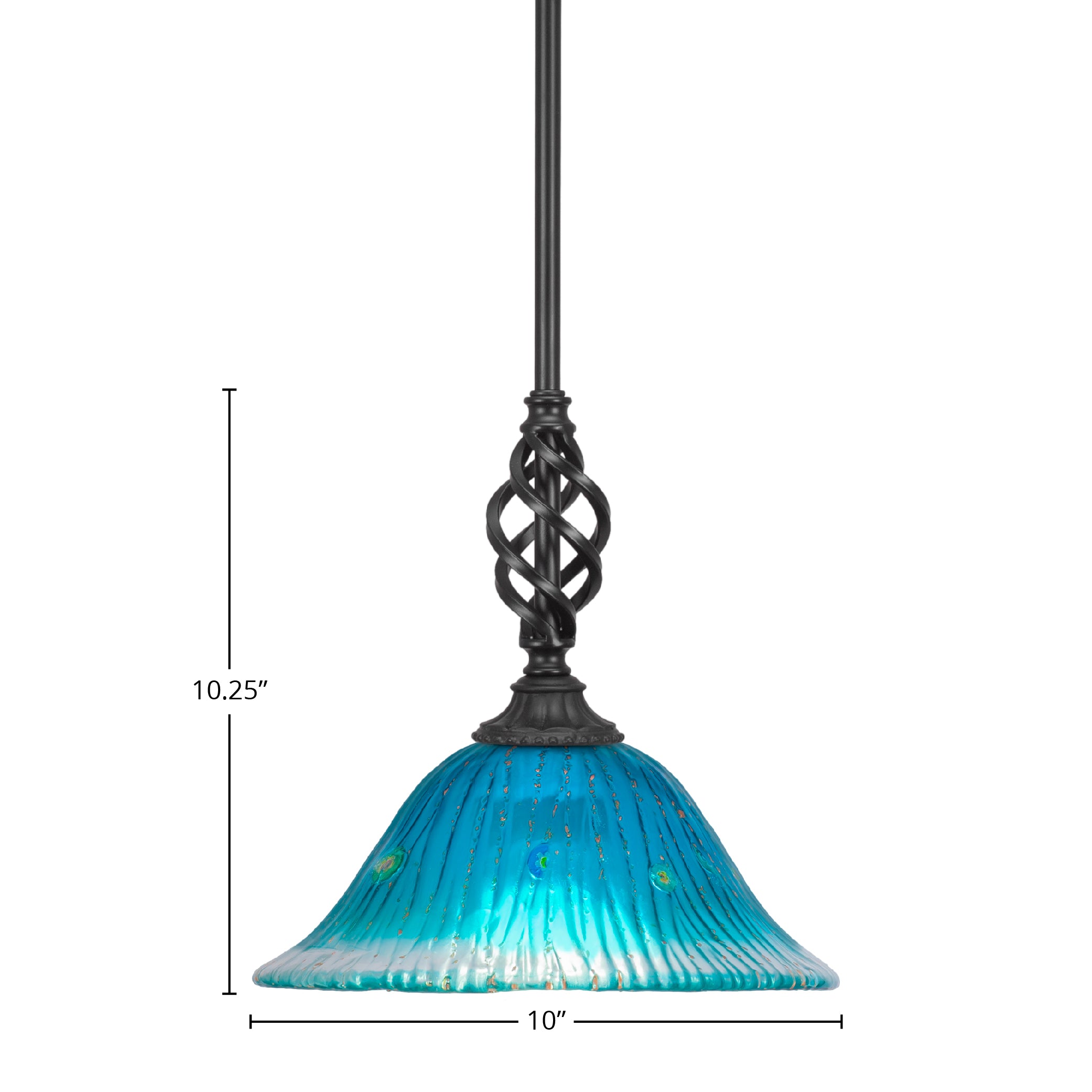 Eleganté One Light Mini Pendant in Matte Black with 10" Teal Crystal Shade