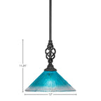 Eleganté One Light Mini Pendant in Matte Black with 12" Teal Crystal Shade