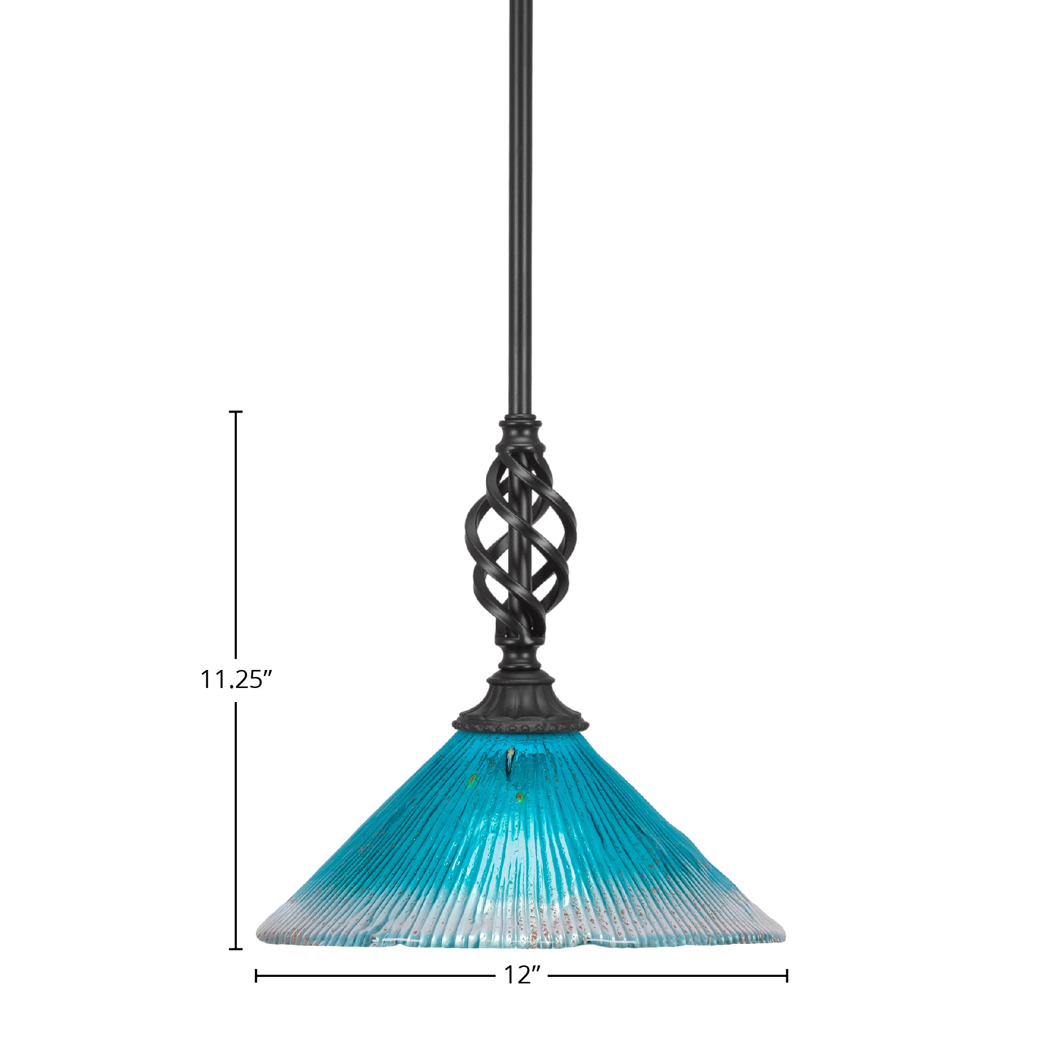 Eleganté One Light Mini Pendant in Matte Black with 12" Teal Crystal Shade