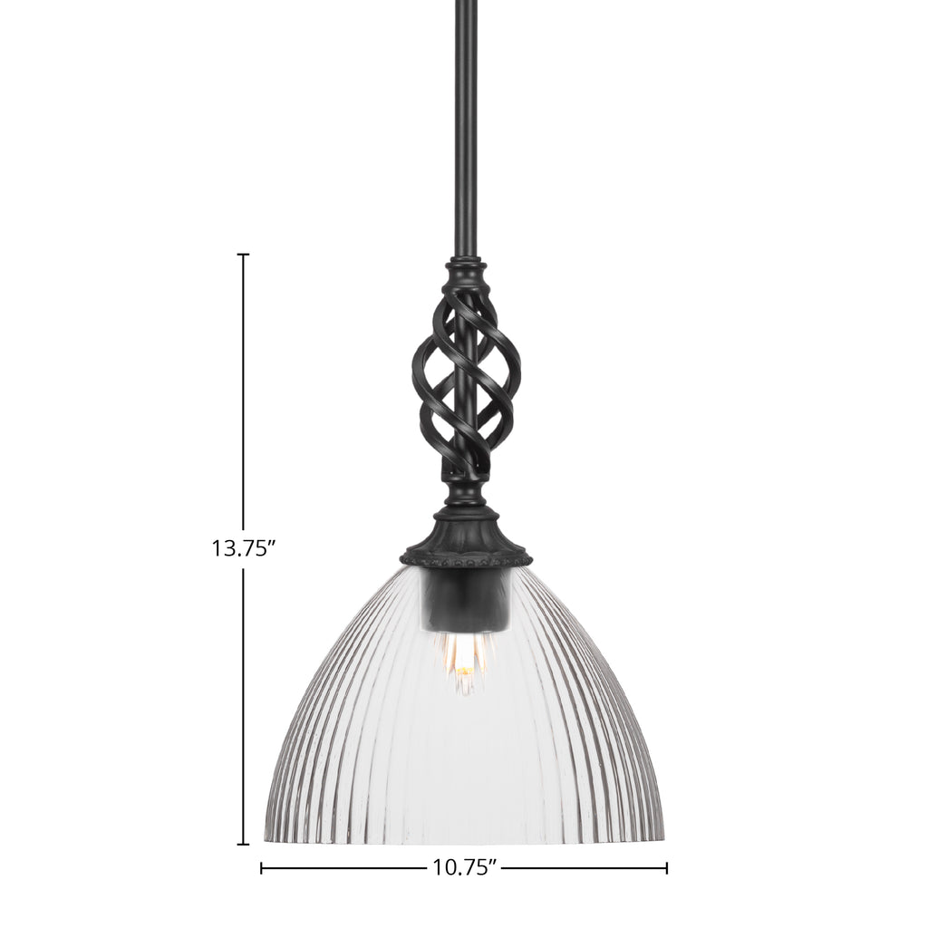 Eleganté One Light Mini Pendant in Matte Black with 10.75" Clear Ribbed Shade