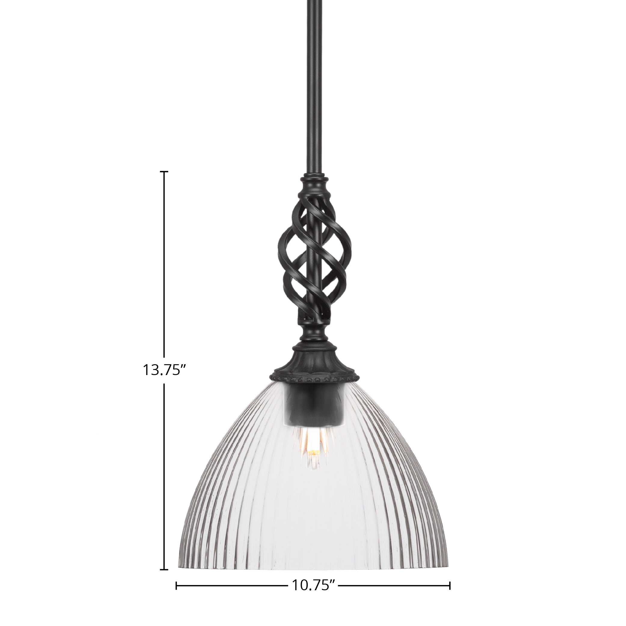 Eleganté One Light Mini Pendant in Matte Black with 10.75" Clear Ribbed Shade