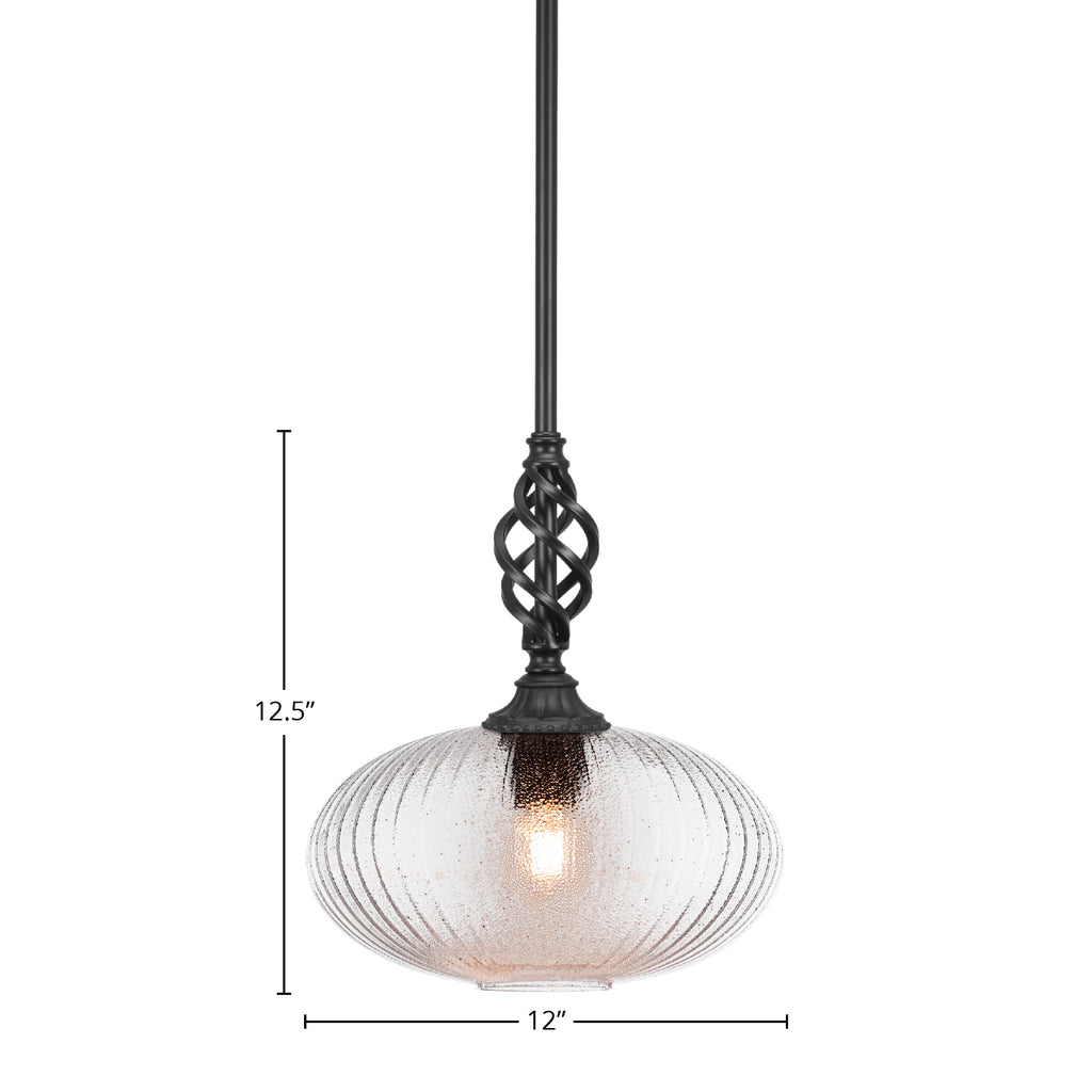 Eleganté One Light Mini Pendant in Matte Black with 12" Micro Bubble Ribbed Shade