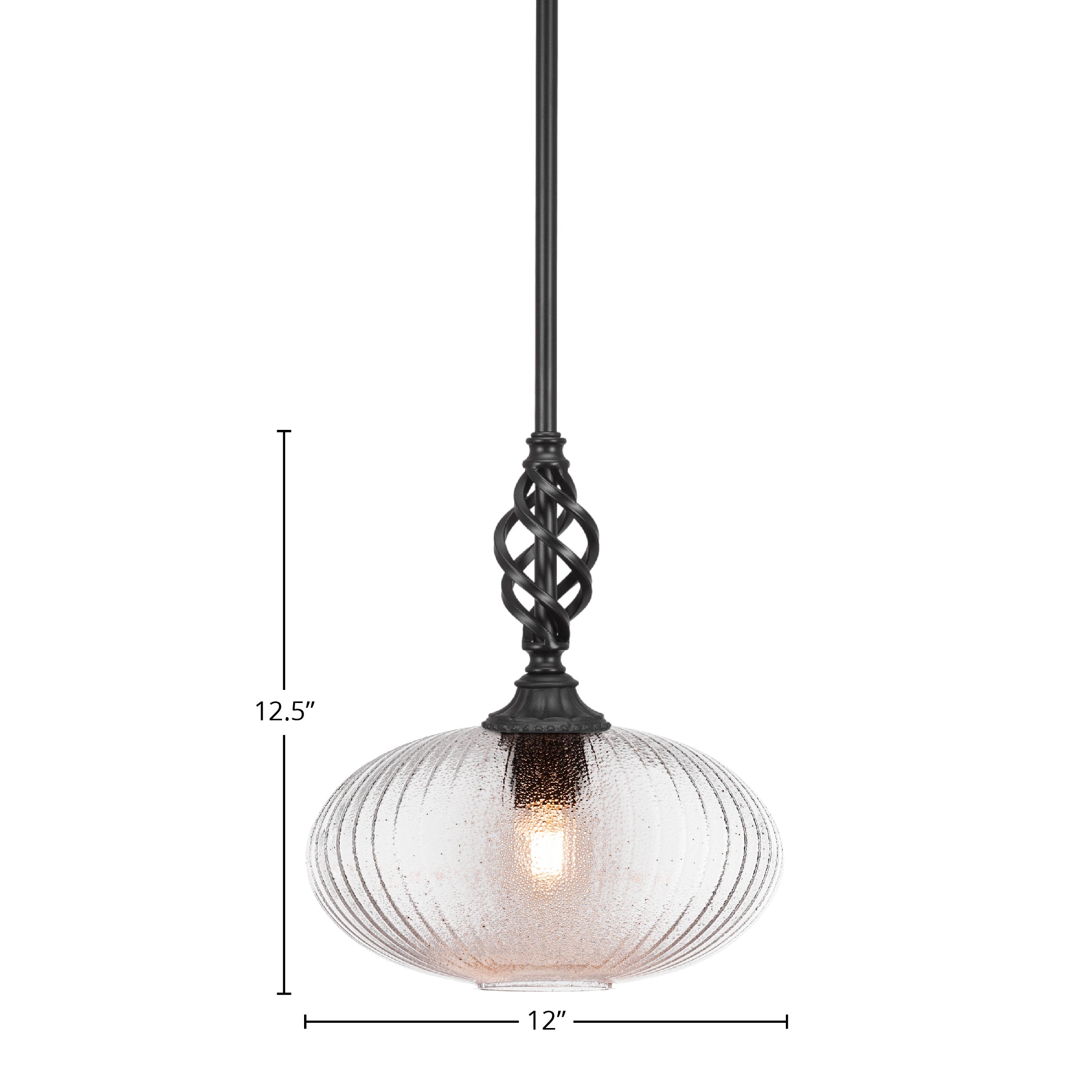 Eleganté One Light Mini Pendant in Matte Black with 12" Micro Bubble Ribbed Shade