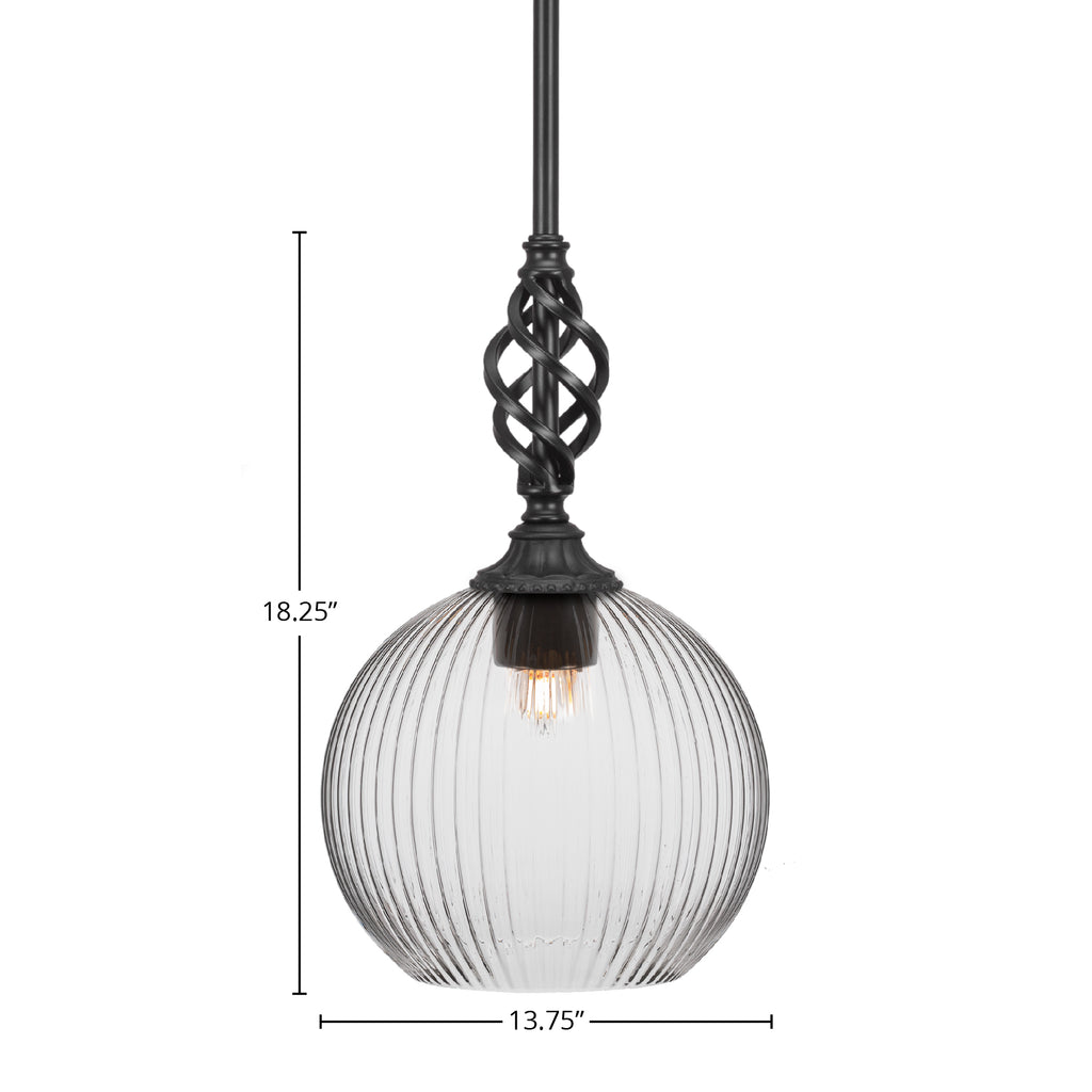 Eleganté One Light Mini Pendant in Matte Black with 13.75" Clear Ribbed Shade