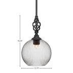 Eleganté One Light Mini Pendant in Matte Black with 13.75" Clear Ribbed Shade