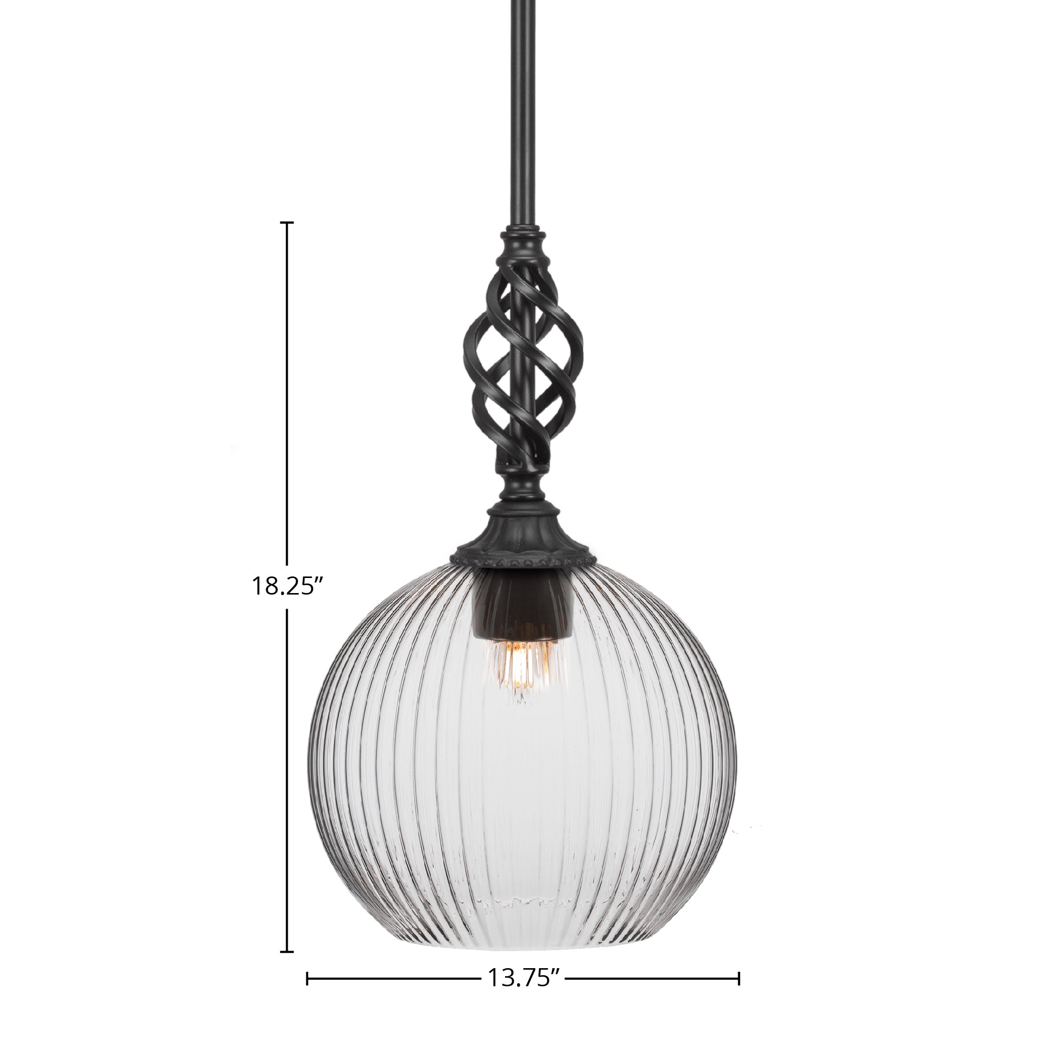 Eleganté One Light Mini Pendant in Matte Black with 13.75" Clear Ribbed Shade
