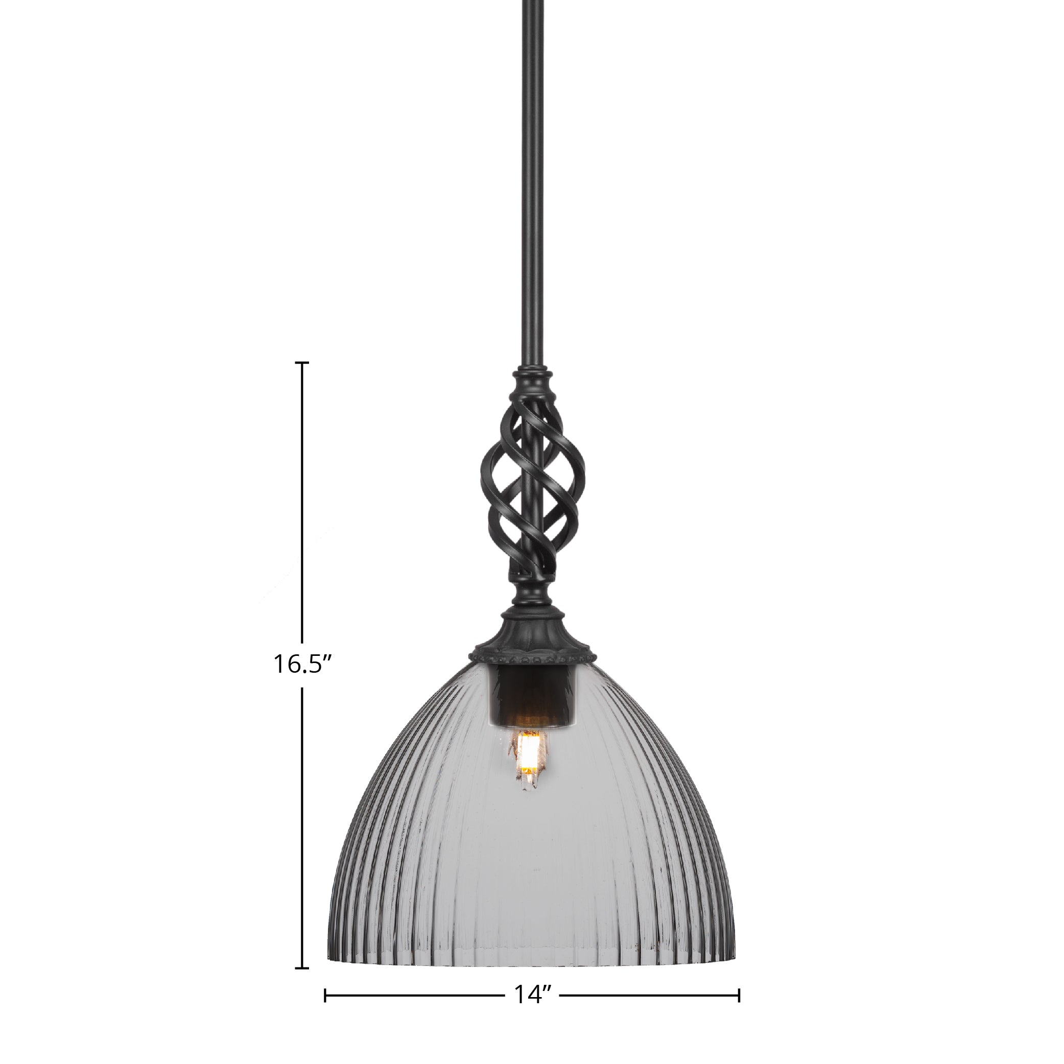 Eleganté One Light Mini Pendant in Matte Black with 14" Clear Ribbed Shade