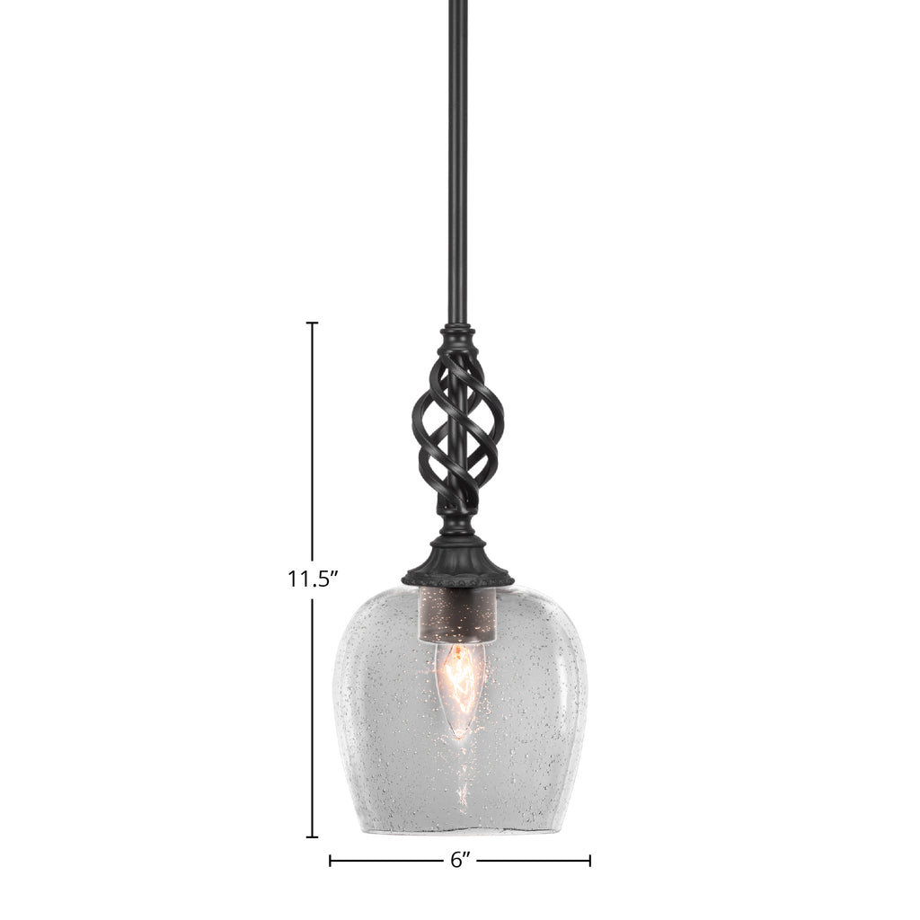 Eleganté One Light Mini Pendant in Matte Black with 6" Clear Bubble Shade