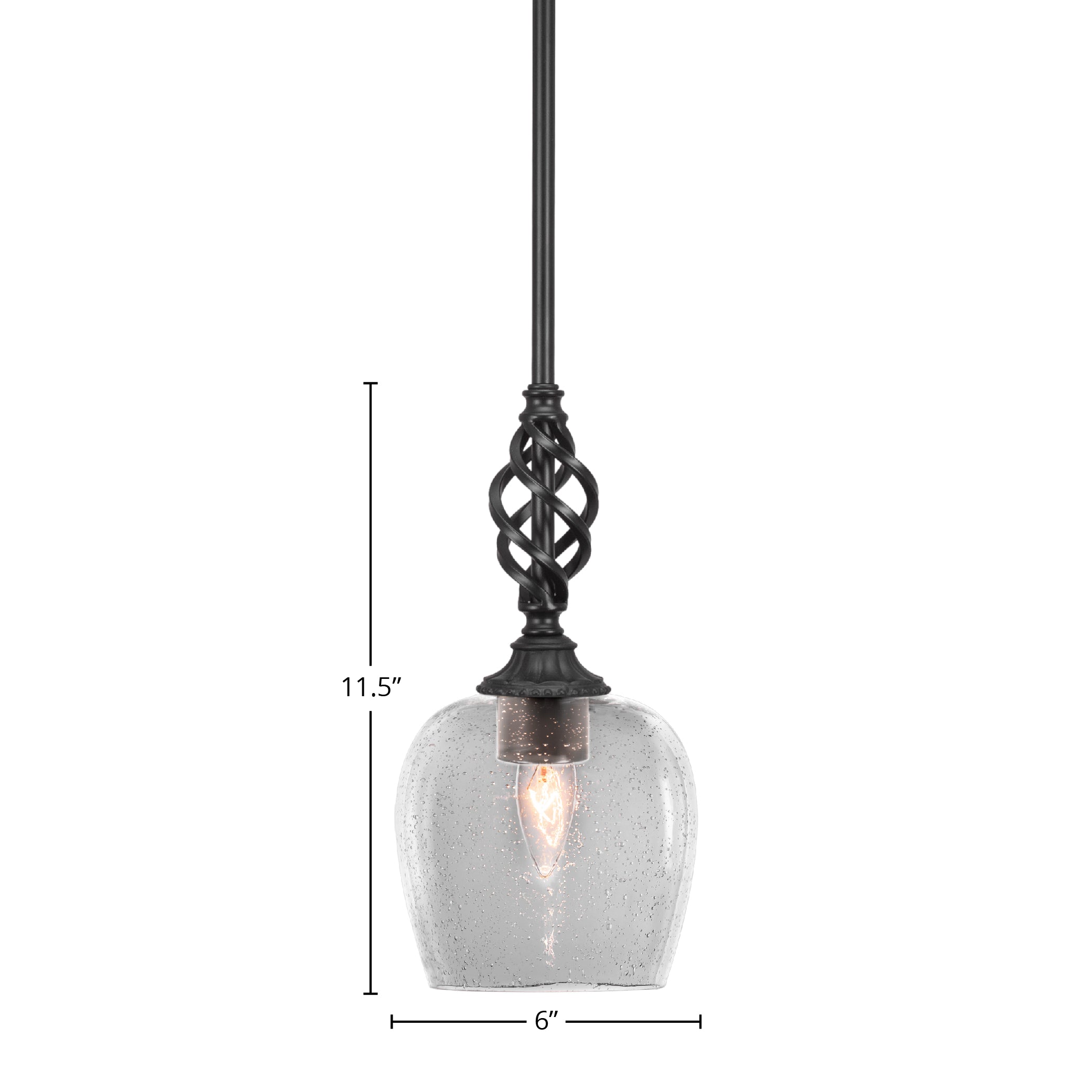 Eleganté One Light Mini Pendant in Matte Black with 6" Clear Bubble Shade