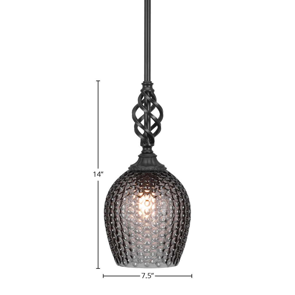 Eleganté One Light Mini Pendant in Matte Black with 7.5" Smoke Textured Shade