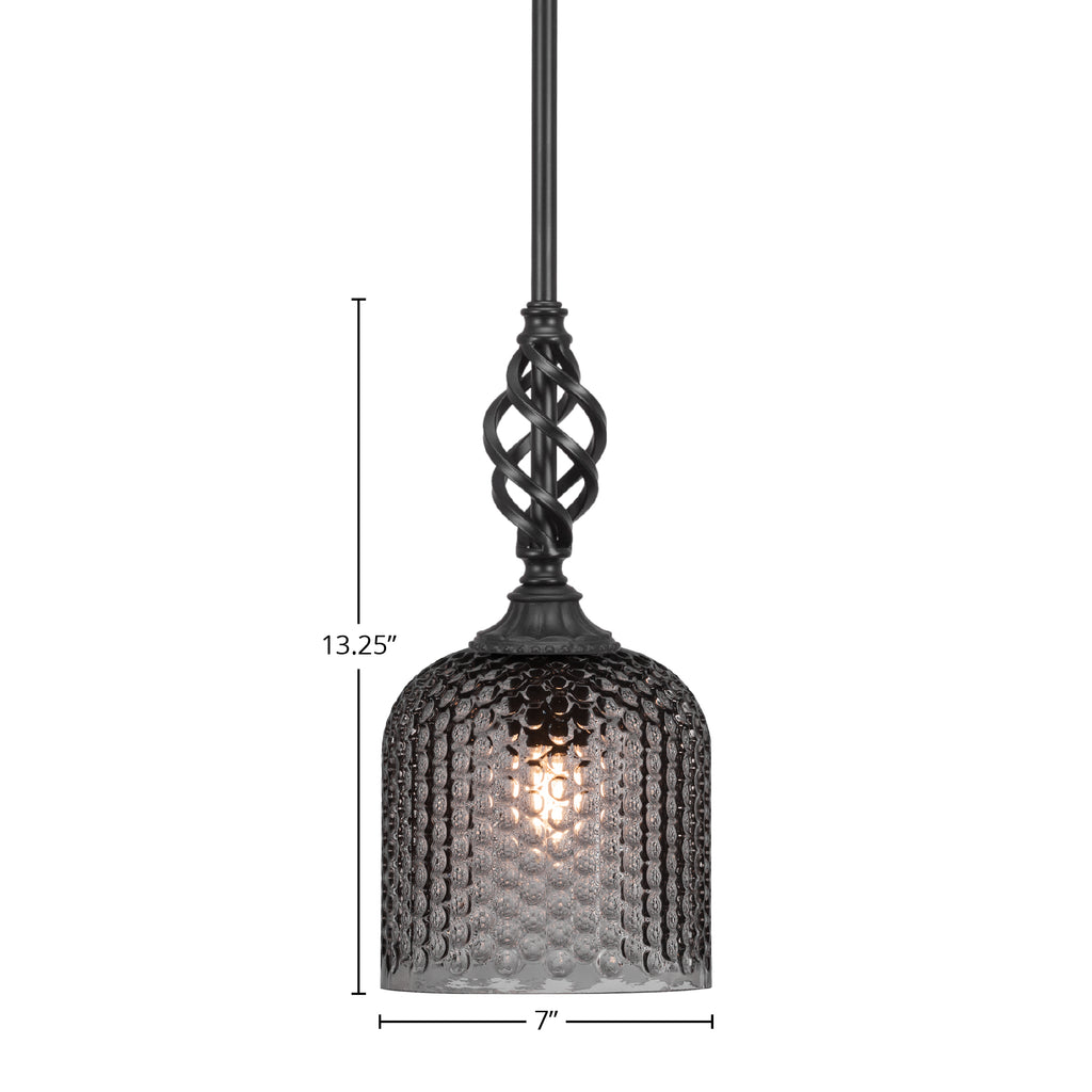 Eleganté One Light Mini Pendant in Matte Black with 7" Smoke Textured Shade