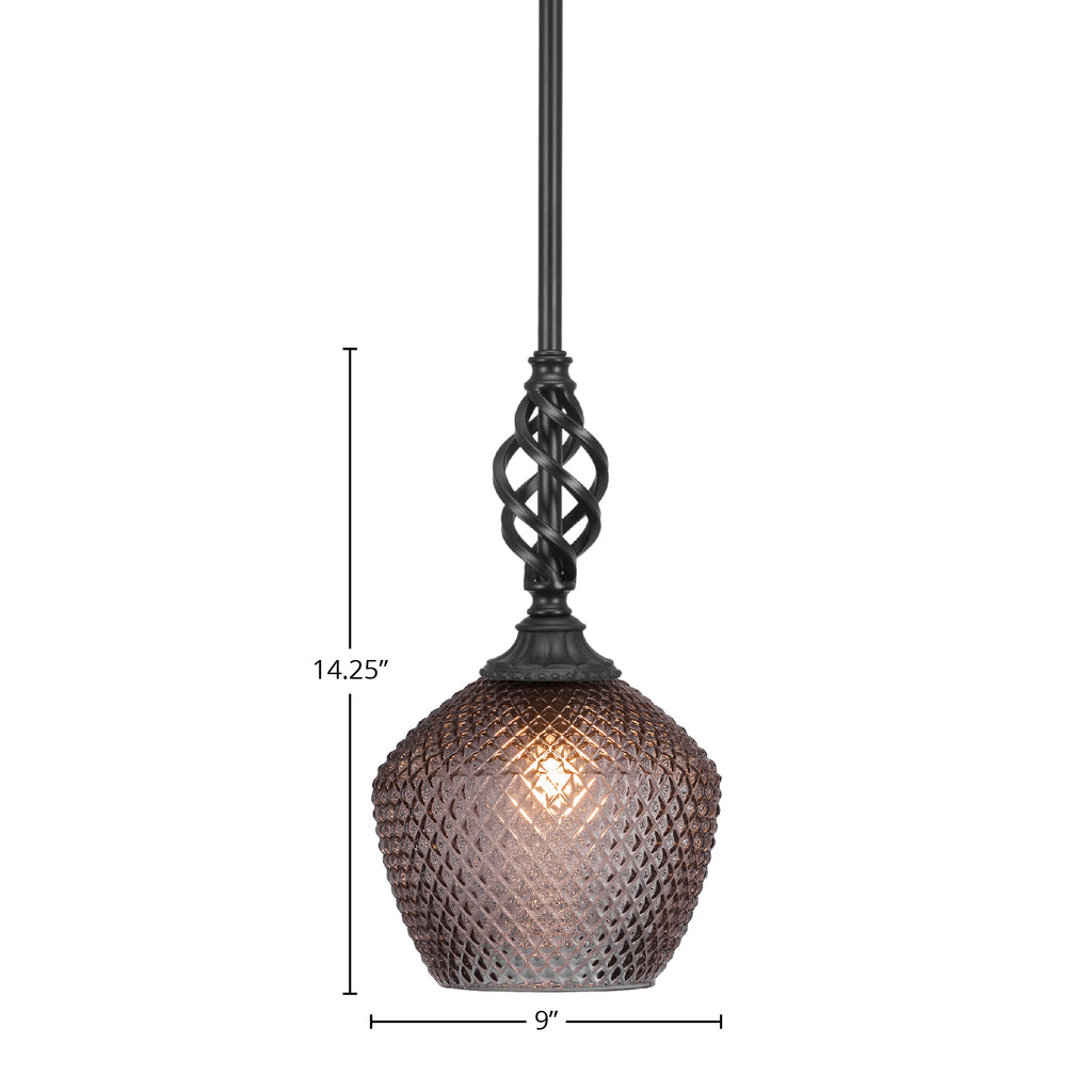 Eleganté One Light Mini Pendant in Matte Black with 9" Smoke Textured Shade