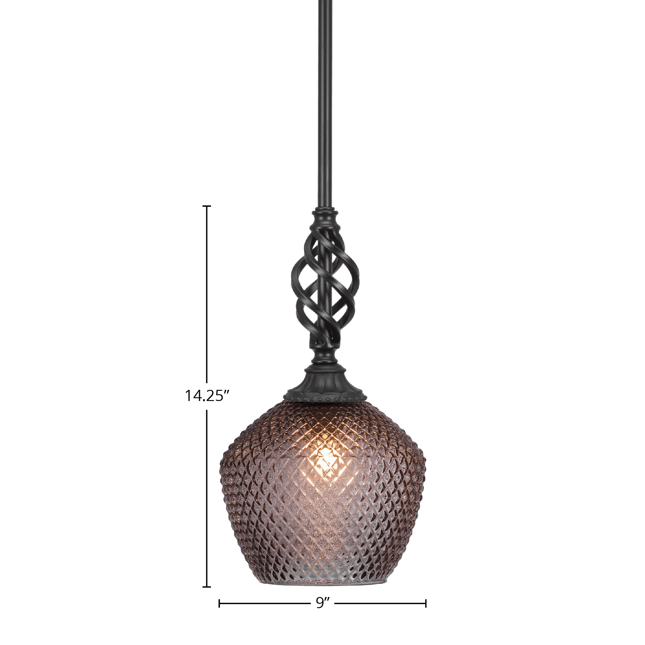 Eleganté One Light Mini Pendant in Matte Black with 9" Smoke Textured Shade