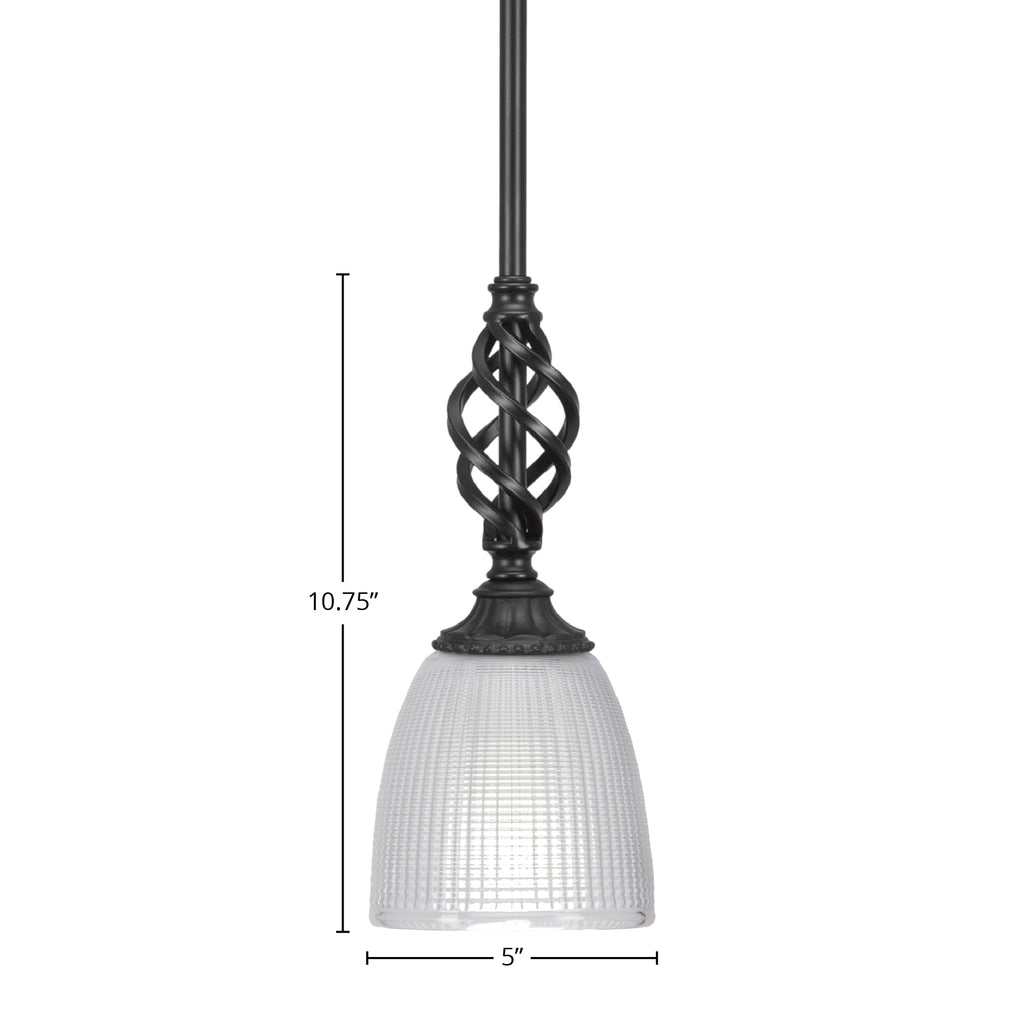 Eleganté One Light Mini Pendant in Matte Black with 5" Clear Ribbed Shade