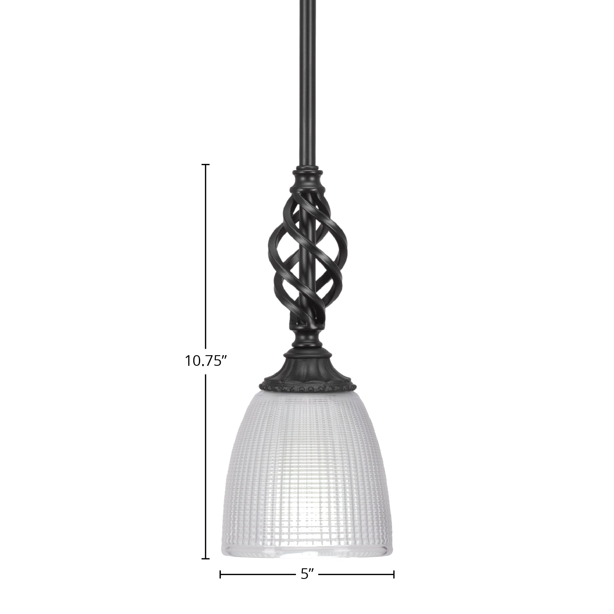 Eleganté One Light Mini Pendant in Matte Black with 5" Clear Ribbed Shade