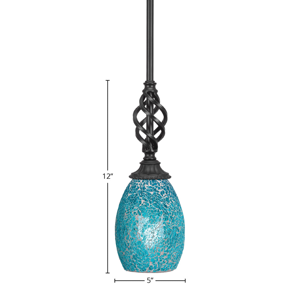 Eleganté One Light Mini Pendant in Matte Black with 5" Turquoise Fusion Shade