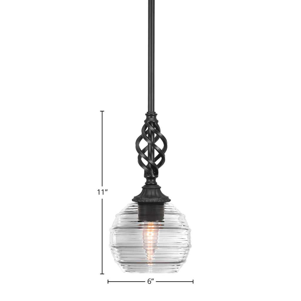 Eleganté One Light Mini Pendant in Matte Black with 6" Clear Ribbed Shade