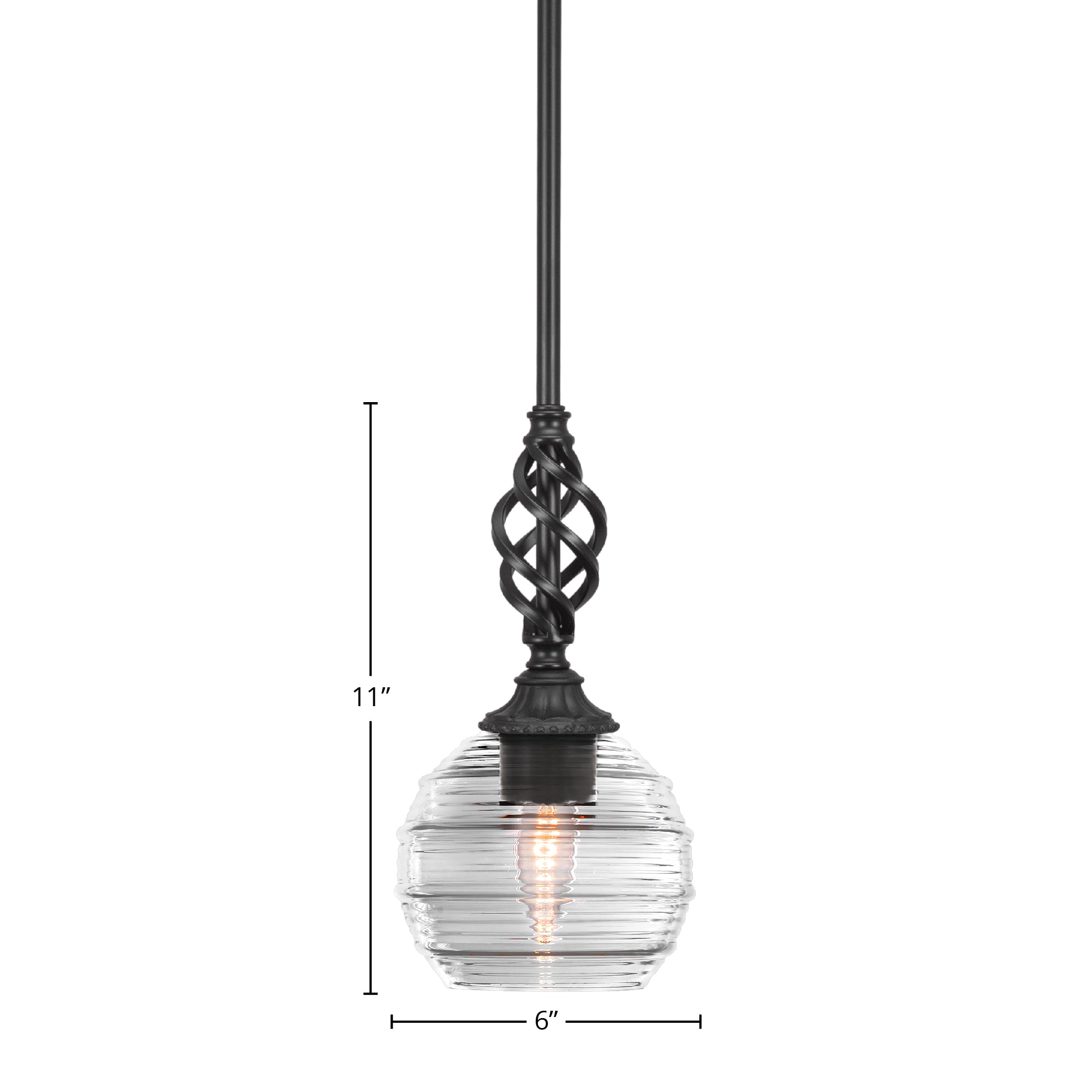 Eleganté One Light Mini Pendant in Matte Black with 6" Clear Ribbed Shade