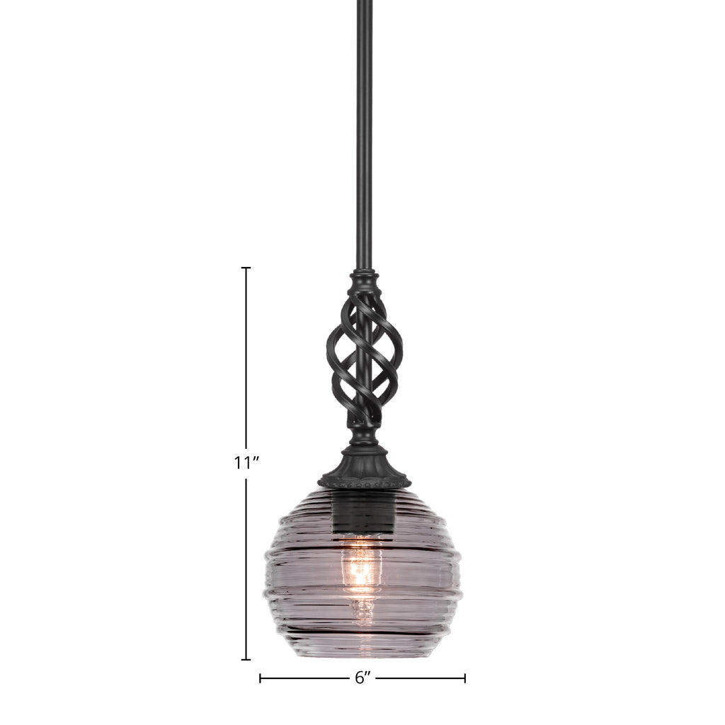 Eleganté One Light Mini Pendant in Matte Black with 6" Smoke Ribbed Shade