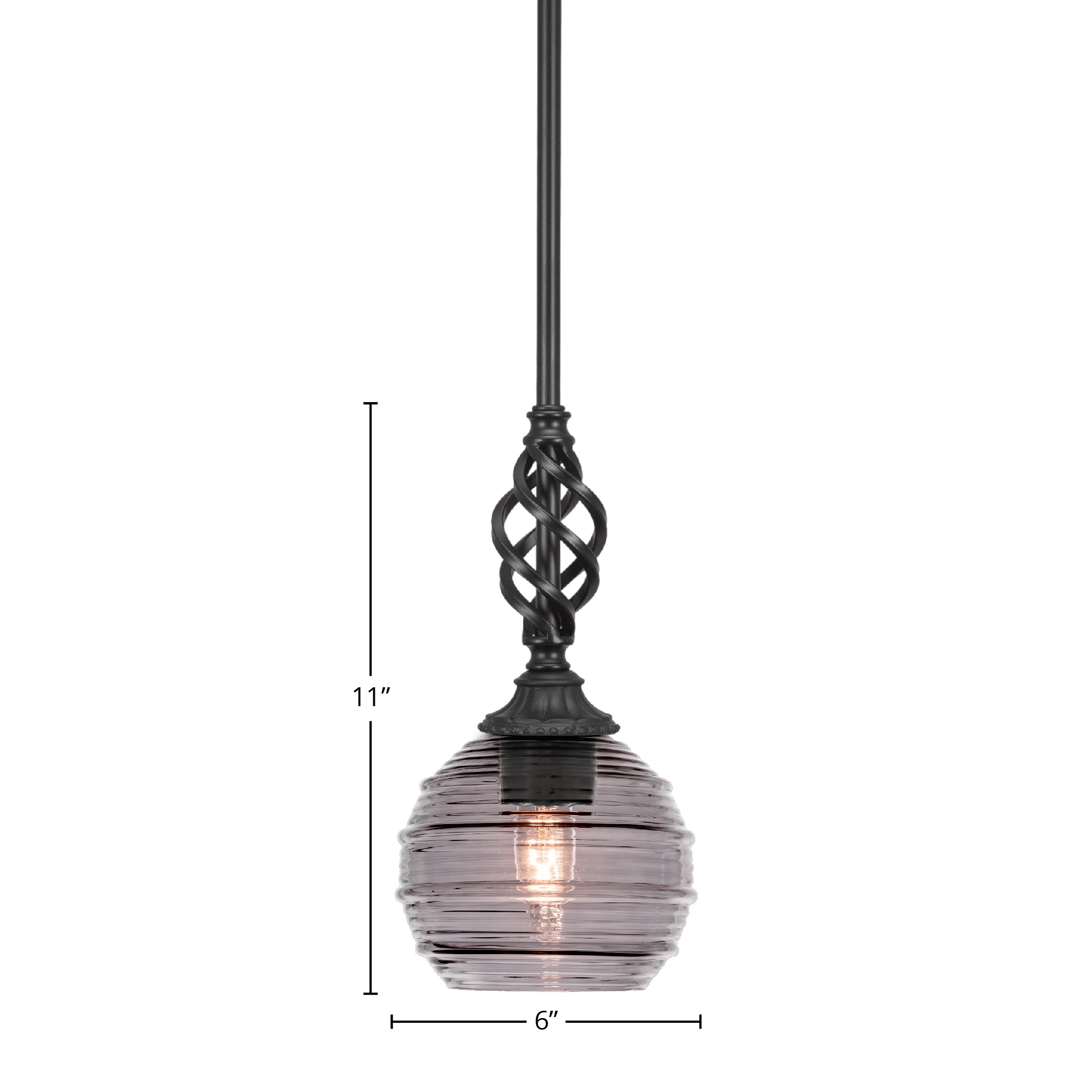 Eleganté One Light Mini Pendant in Matte Black with 6" Smoke Ribbed Shade