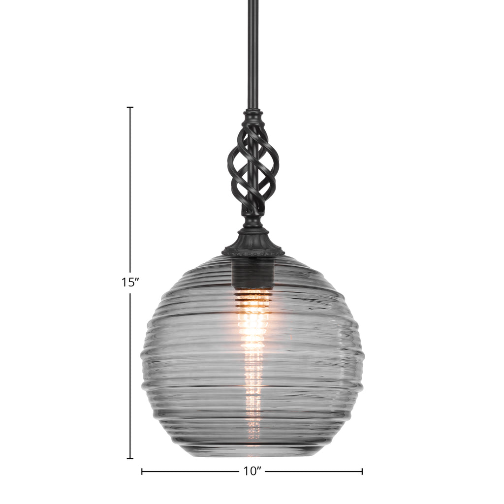 Eleganté One Light Mini Pendant in Matte Black with 10" Smoke Ribbed Shade
